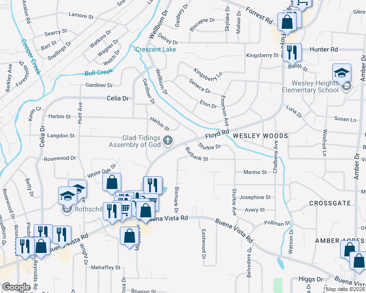 map of restaurants, bars, coffee shops, grocery stores, and more near 1361 Floyd Road in Columbus