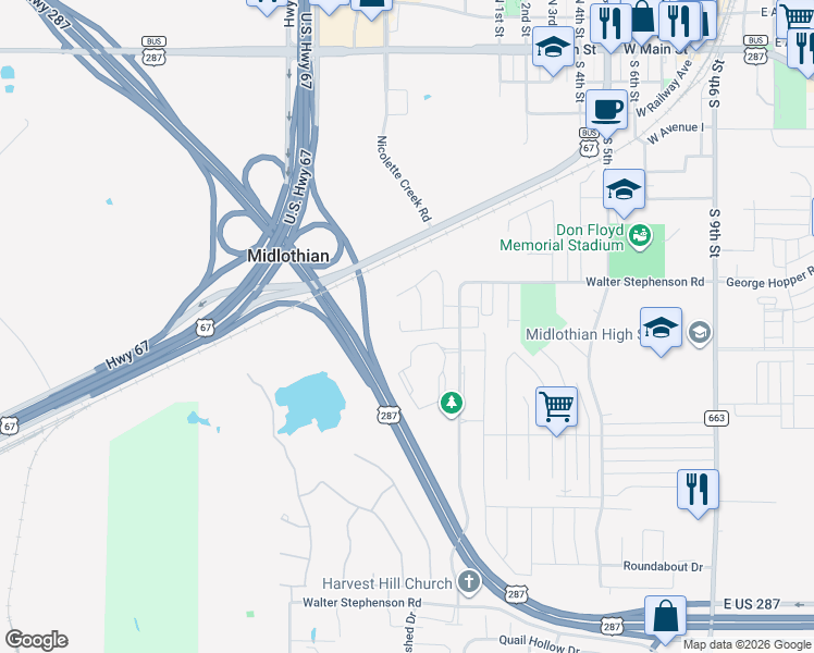 map of restaurants, bars, coffee shops, grocery stores, and more near 1057 Sierra Vista Court in Midlothian