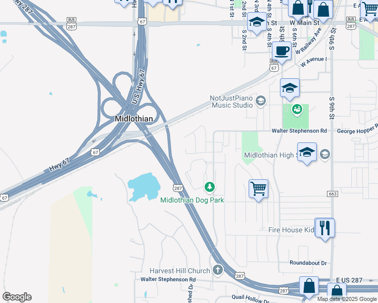 map of restaurants, bars, coffee shops, grocery stores, and more near 1049 Sierra Vista Court in Midlothian