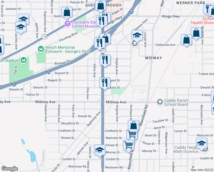 map of restaurants, bars, coffee shops, grocery stores, and more near 2636 Desoto Street in Shreveport