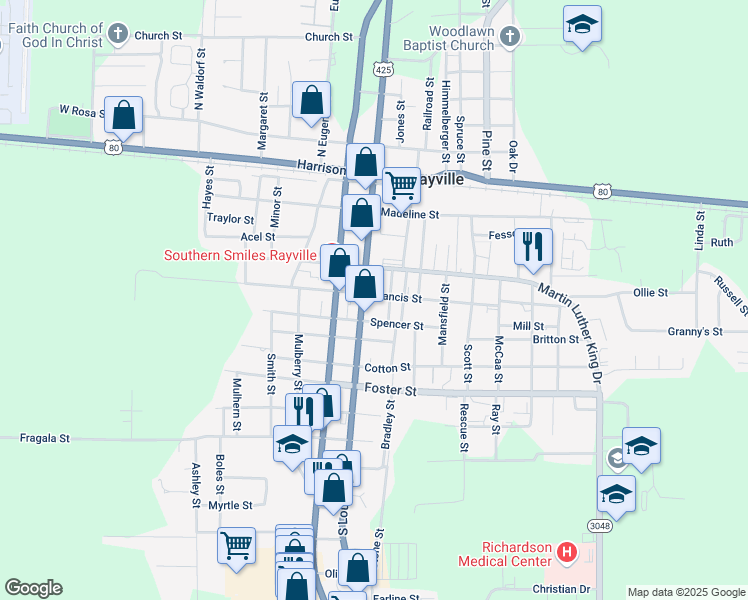 map of restaurants, bars, coffee shops, grocery stores, and more near 712-902 North Louisa Street in Rayville