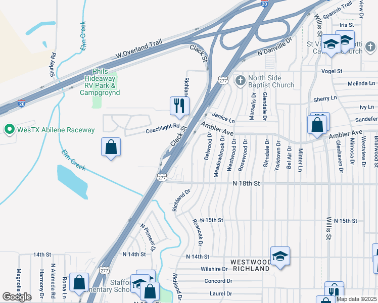 map of restaurants, bars, coffee shops, grocery stores, and more near 2002 Richland Drive in Abilene