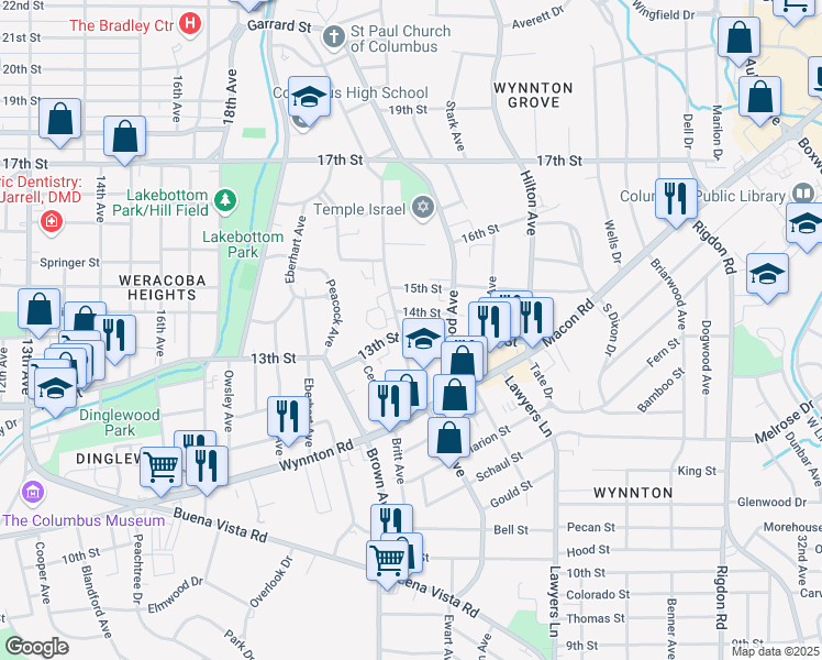 map of restaurants, bars, coffee shops, grocery stores, and more near 1318 Forest Avenue in Columbus