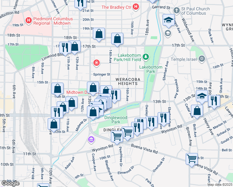 map of restaurants, bars, coffee shops, grocery stores, and more near 1414 Virginia Street in Columbus
