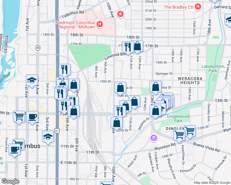 map of restaurants, bars, coffee shops, grocery stores, and more near in Columbus