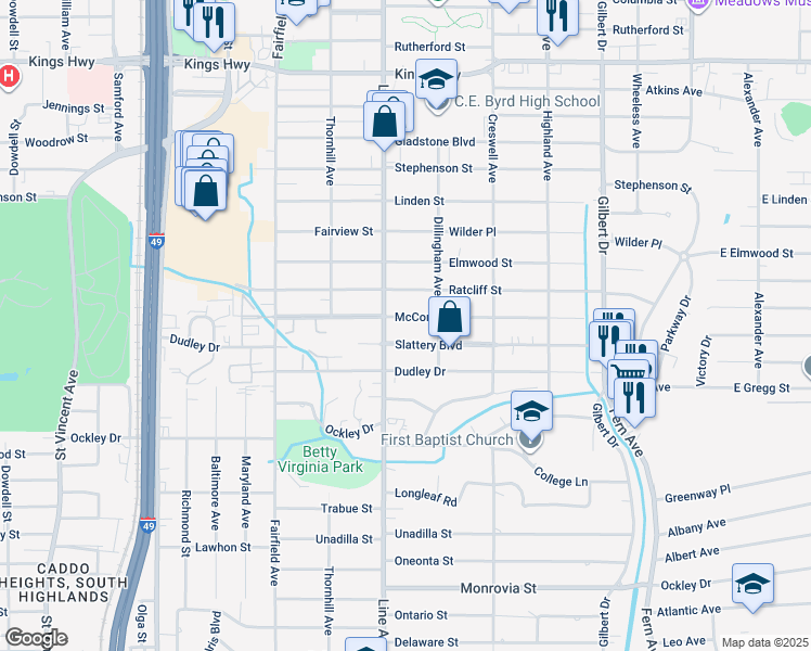 map of restaurants, bars, coffee shops, grocery stores, and more near 750 McCormick Street in Shreveport