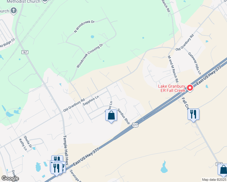 map of restaurants, bars, coffee shops, grocery stores, and more near 4825 Topaz Lane in Granbury