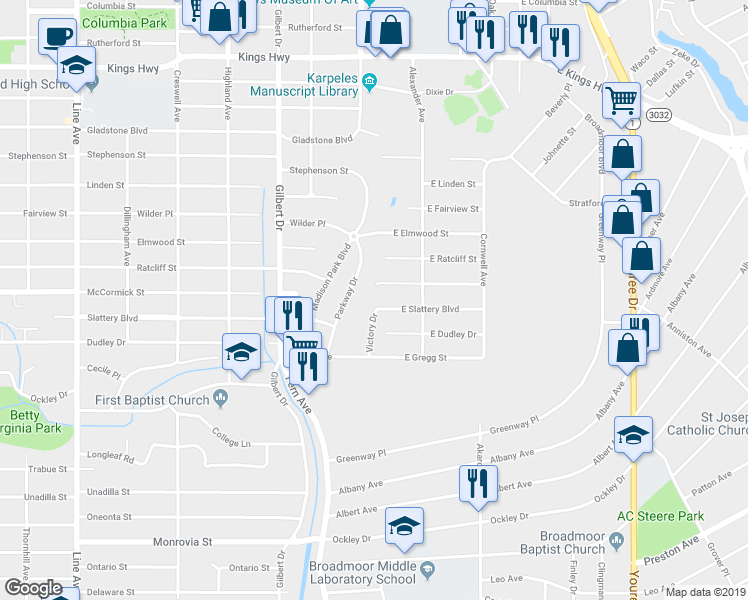 map of restaurants, bars, coffee shops, grocery stores, and more near 3804 Victory Drive in Shreveport