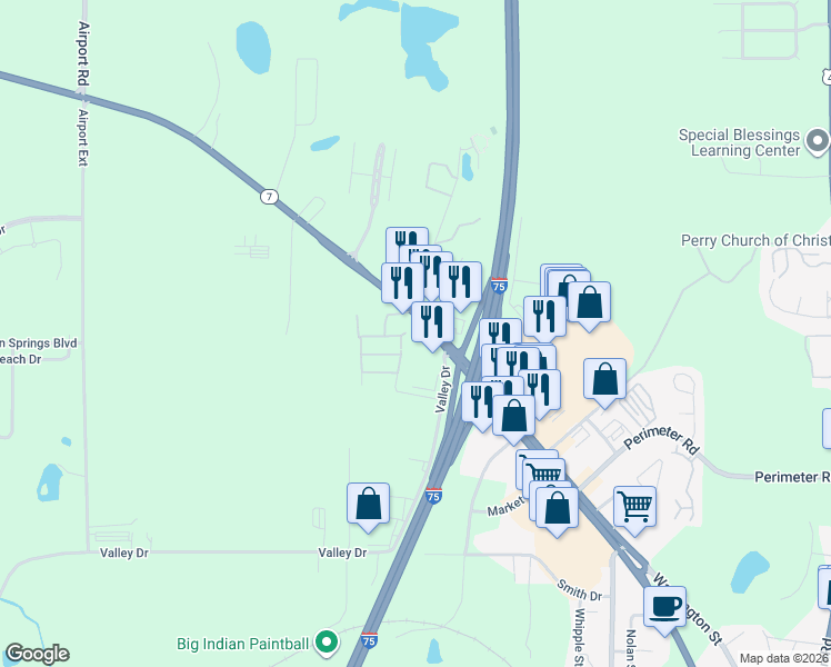 map of restaurants, bars, coffee shops, grocery stores, and more near 1509 Sam Nunn Boulevard in Perry