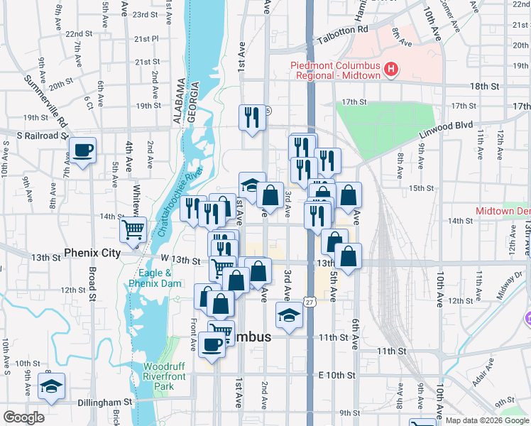 map of restaurants, bars, coffee shops, grocery stores, and more near 1429 2nd Avenue in Columbus
