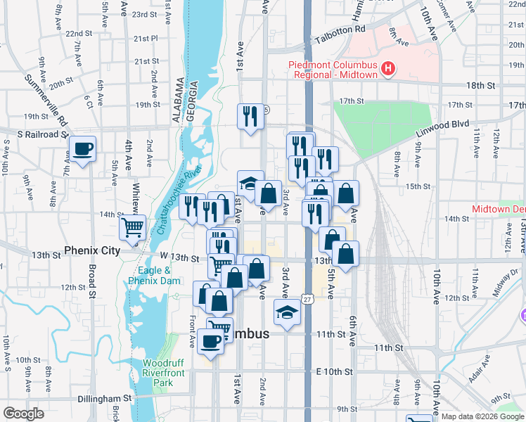 map of restaurants, bars, coffee shops, grocery stores, and more near 1429 2nd Avenue in Columbus