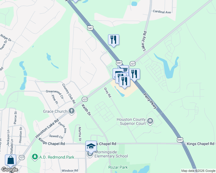 map of restaurants, bars, coffee shops, grocery stores, and more near 1804 Houston Lake Road in Perry