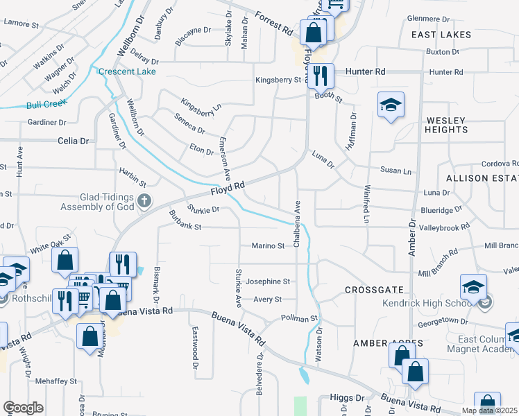 map of restaurants, bars, coffee shops, grocery stores, and more near 4955 Bonnybrook Way in Columbus