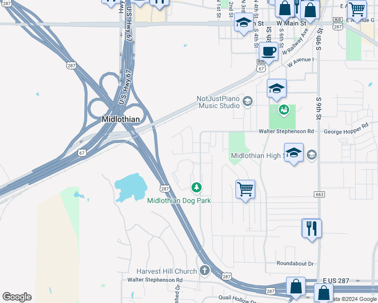 map of restaurants, bars, coffee shops, grocery stores, and more near 1015 Sierra Vista Court in Midlothian