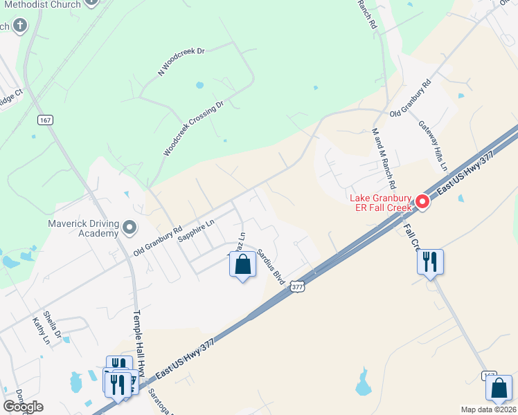 map of restaurants, bars, coffee shops, grocery stores, and more near 4908 Opal Court in Granbury