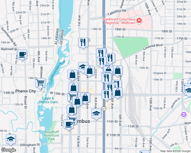 map of restaurants, bars, coffee shops, grocery stores, and more near 1415 3rd Avenue in Columbus