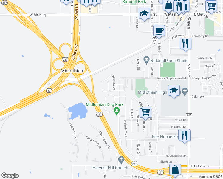 map of restaurants, bars, coffee shops, grocery stores, and more near 1017 Sierra Vista Court in Midlothian