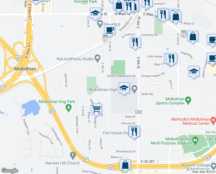 map of restaurants, bars, coffee shops, grocery stores, and more near 1314 South 5th Street in Midlothian