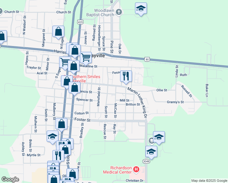 map of restaurants, bars, coffee shops, grocery stores, and more near 101-199 McCaa Street in Rayville