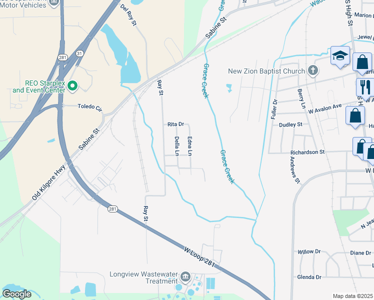 map of restaurants, bars, coffee shops, grocery stores, and more near 1514 Della Lane in Longview