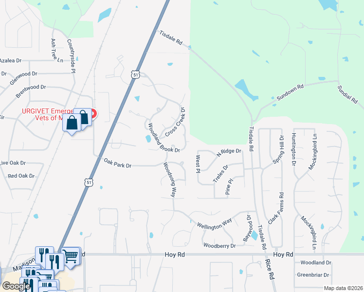 map of restaurants, bars, coffee shops, grocery stores, and more near 268 Woodland Brook Drive in Madison