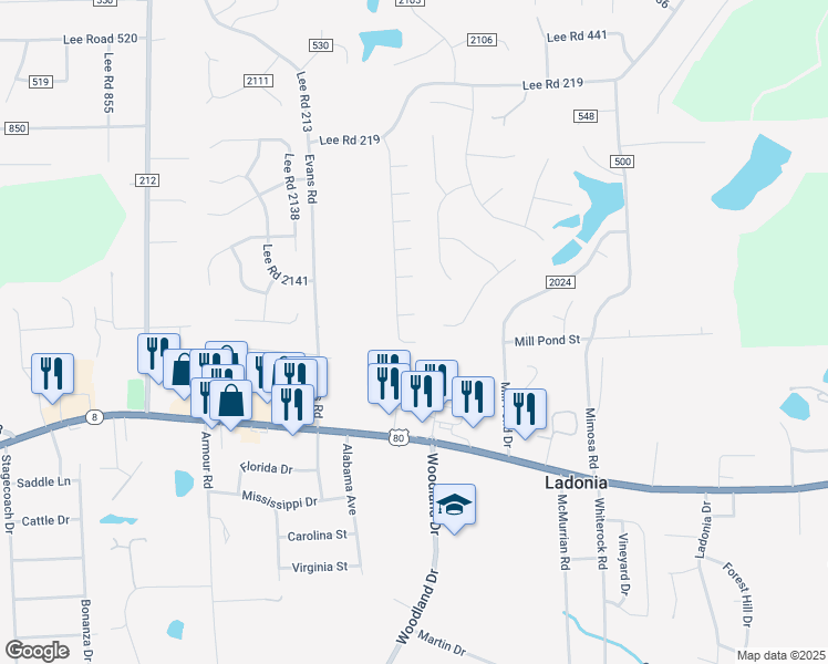 map of restaurants, bars, coffee shops, grocery stores, and more near 493 Lee Road 2170 in Phenix City