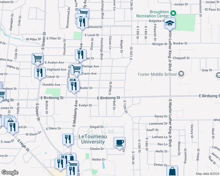 map of restaurants, bars, coffee shops, grocery stores, and more near 1700 O Neal Street in Longview