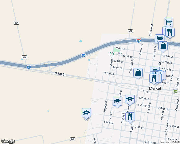 map of restaurants, bars, coffee shops, grocery stores, and more near 157 High Cotton Parkway in Merkel
