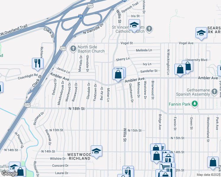 map of restaurants, bars, coffee shops, grocery stores, and more near 2110 Minter Lane in Abilene