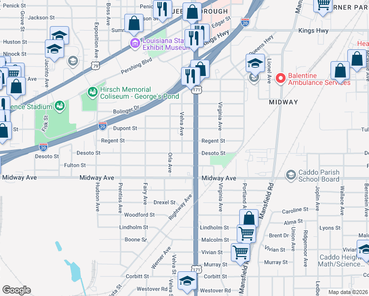 map of restaurants, bars, coffee shops, grocery stores, and more near 4035 Velva Avenue in Shreveport