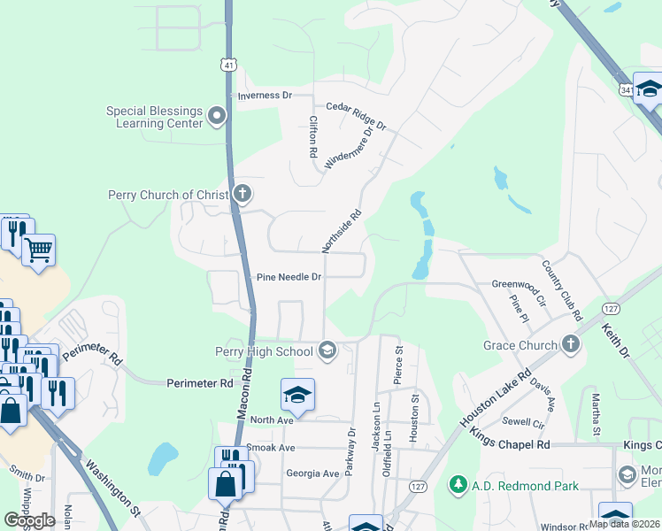 map of restaurants, bars, coffee shops, grocery stores, and more near 1704 Northside Road in Perry