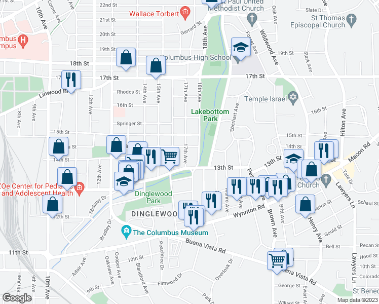 map of restaurants, bars, coffee shops, grocery stores, and more near 1408 17th Avenue in Columbus