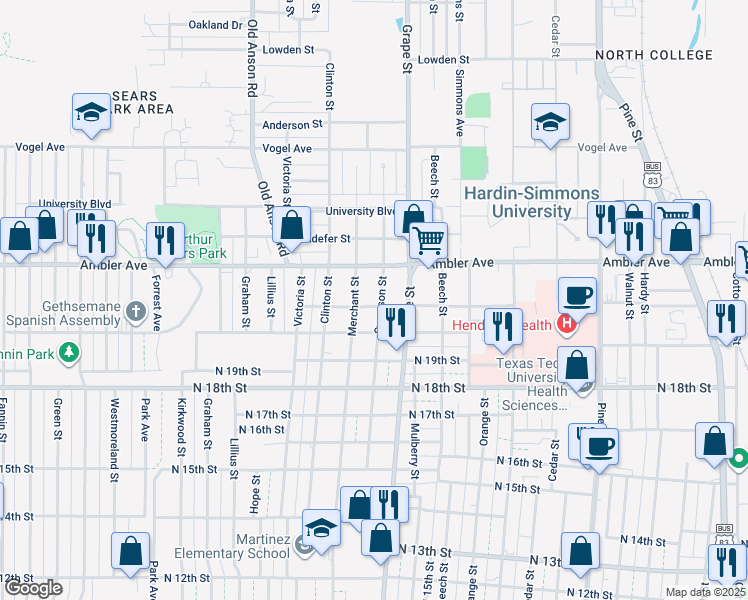 map of restaurants, bars, coffee shops, grocery stores, and more near 2102 Swenson Street in Abilene