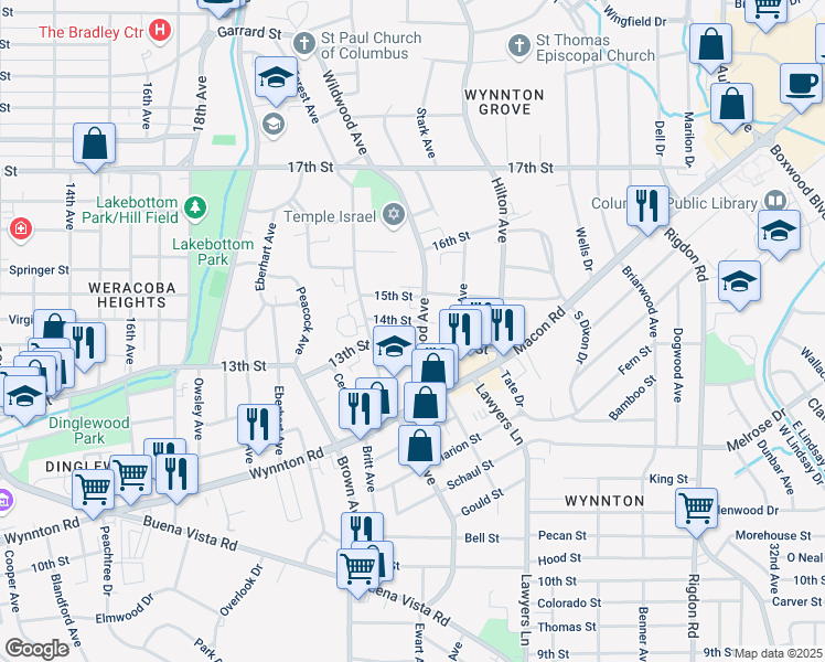 map of restaurants, bars, coffee shops, grocery stores, and more near 1315 Wildwood Avenue in Columbus