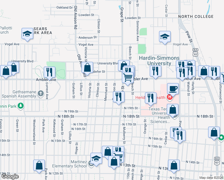 map of restaurants, bars, coffee shops, grocery stores, and more near 2102 Swenson Street in Abilene