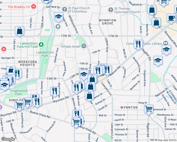 map of restaurants, bars, coffee shops, grocery stores, and more near 2237 14th Street in Columbus