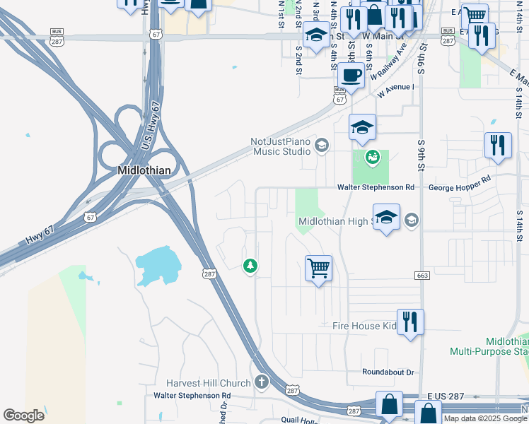 map of restaurants, bars, coffee shops, grocery stores, and more near 911 Sierra Vista Court in Midlothian
