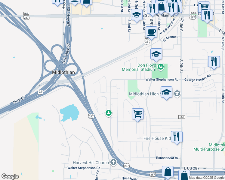 map of restaurants, bars, coffee shops, grocery stores, and more near 911 Sierra Vista Court in Midlothian