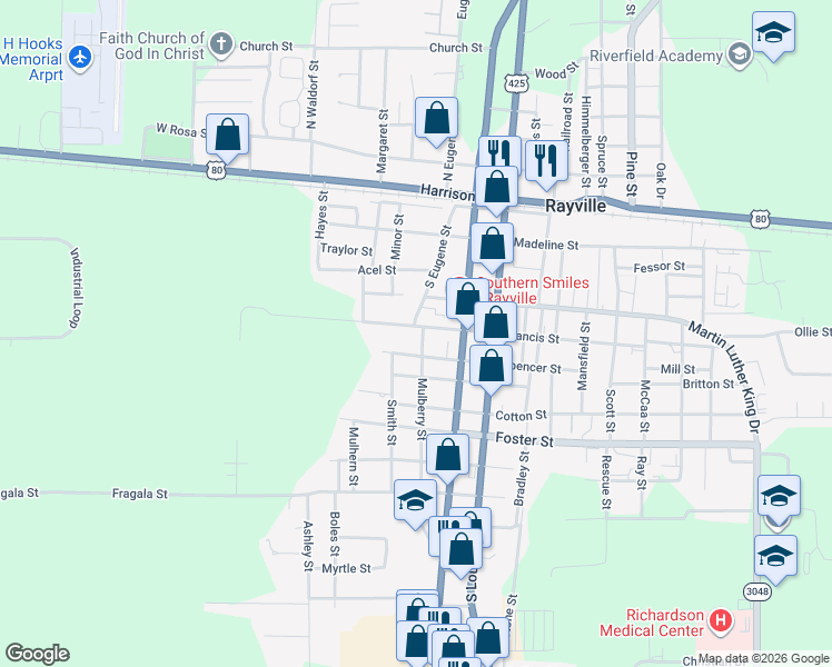 map of restaurants, bars, coffee shops, grocery stores, and more near 300-410 Morgan Street in Rayville