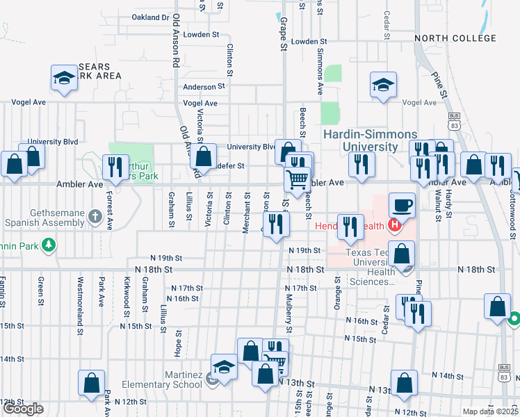map of restaurants, bars, coffee shops, grocery stores, and more near 2102 Swenson Street in Abilene
