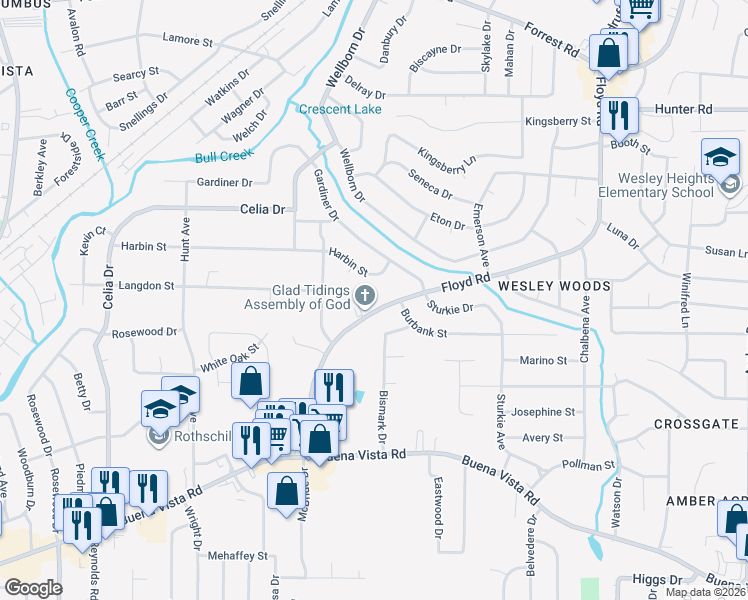 map of restaurants, bars, coffee shops, grocery stores, and more near 1333 Floyd Road in Columbus