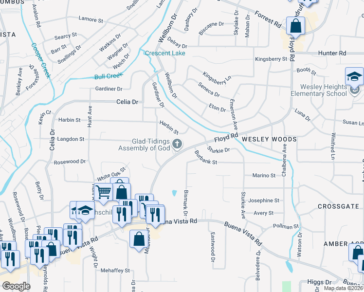 map of restaurants, bars, coffee shops, grocery stores, and more near 4952 Harbin Street in Columbus