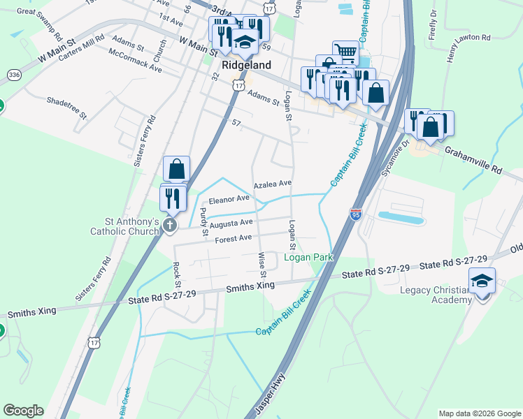 map of restaurants, bars, coffee shops, grocery stores, and more near 130 Wise Street in Ridgeland