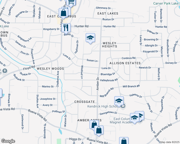 map of restaurants, bars, coffee shops, grocery stores, and more near 5733 Blueridge Drive in Columbus