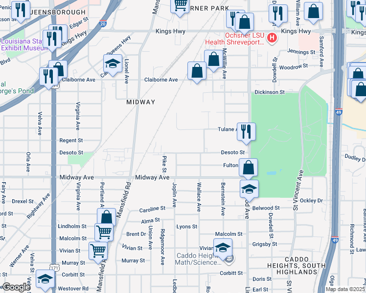 map of restaurants, bars, coffee shops, grocery stores, and more near 1826 Desoto Street in Shreveport