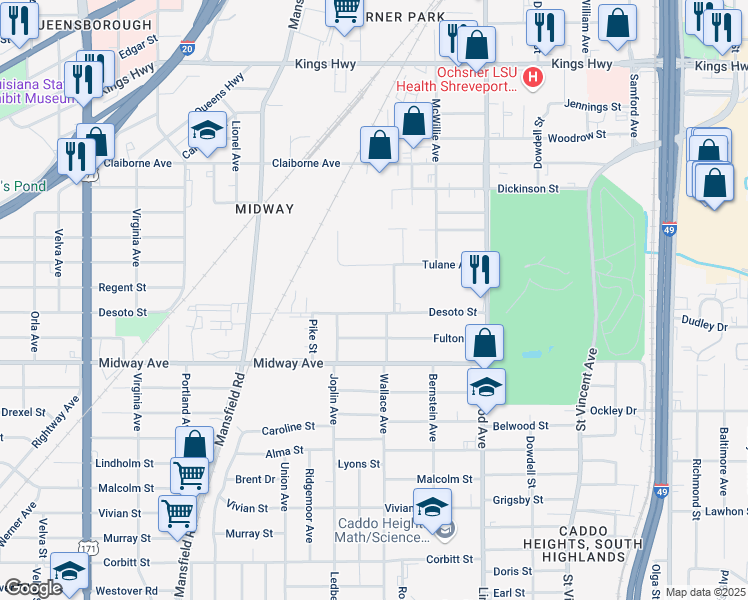 map of restaurants, bars, coffee shops, grocery stores, and more near 1826 Desoto Street in Shreveport