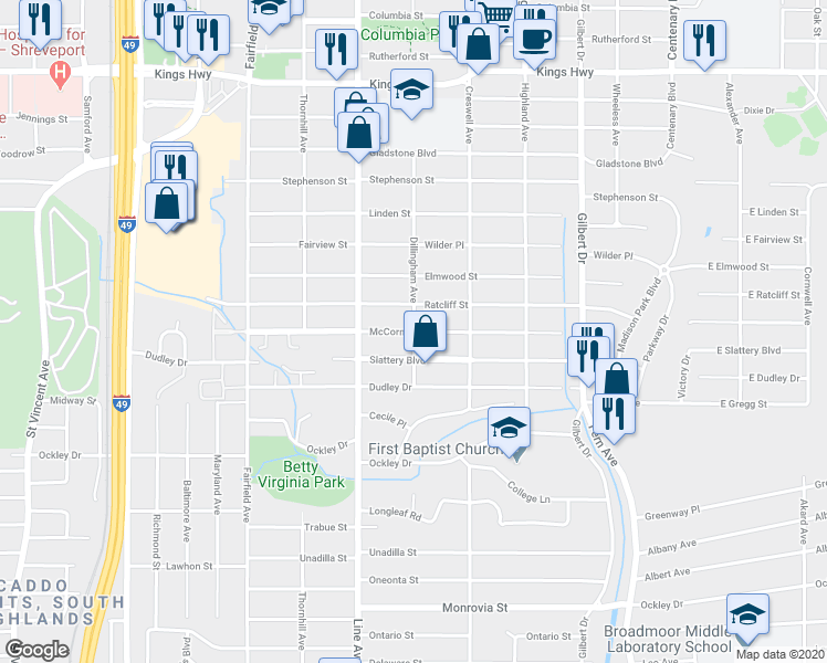 map of restaurants, bars, coffee shops, grocery stores, and more near 3750 Dillingham Avenue in Shreveport