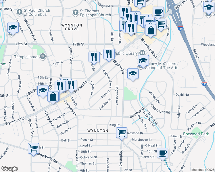 map of restaurants, bars, coffee shops, grocery stores, and more near 2827 Mimosa Street in Columbus