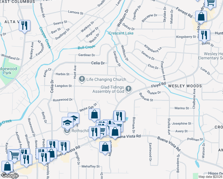 map of restaurants, bars, coffee shops, grocery stores, and more near 4830 Langdon Street in Columbus