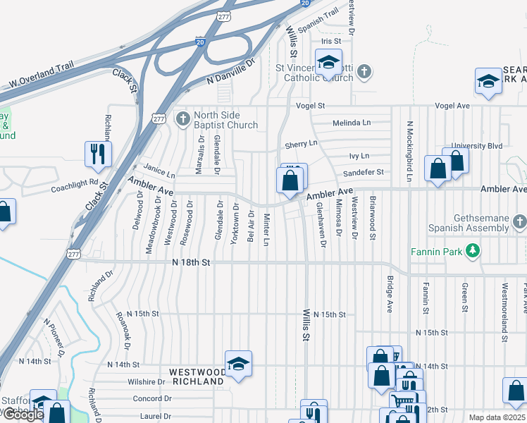 map of restaurants, bars, coffee shops, grocery stores, and more near 2110 Minter Lane in Abilene